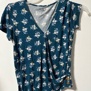 LOFT Teal Floral V-Neck Short Sleeve Top